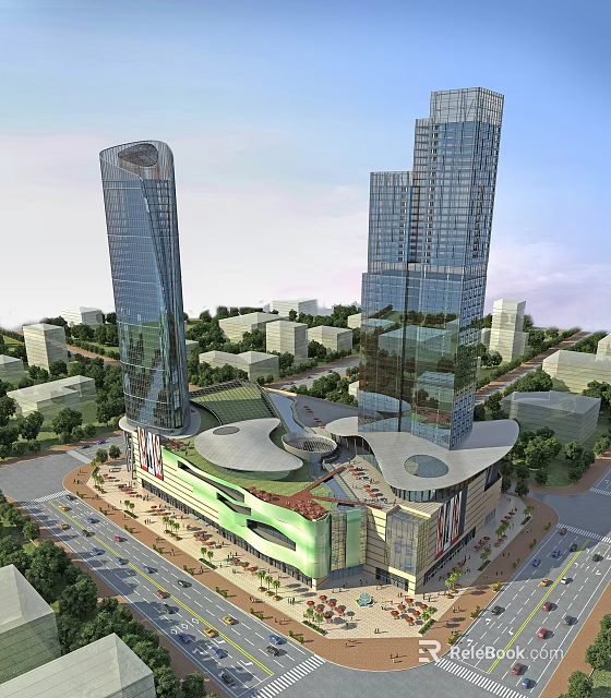 Modern High Rise Residential Buildings With Glass Curtain Walls Green Areas And Community Facilities 3d model 