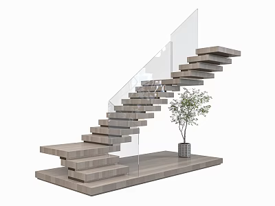 Modern Interior Wooden Staircase With Clear Glass Railing And Small Potted Plant 3d model