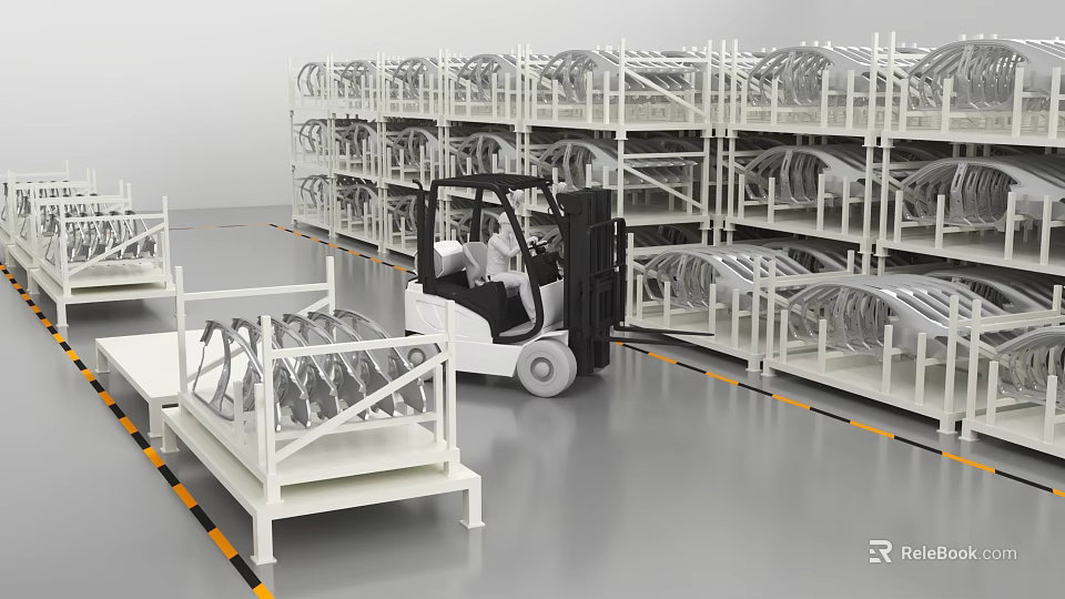 Modern Industrial Park With Forklift Multi Level Racks And Circular Components 3d model 