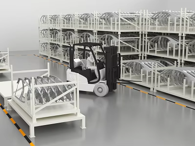 Modern Industrial Park With Forklift Multi Level Racks And Circular Components 3d model
