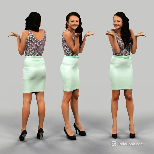 Woman In Patterned Sleeveless Top And Light Green Skirt Posing With Open Hands 3d model 