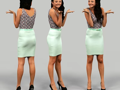 Woman In Patterned Sleeveless Top And Light Green Skirt Posing With Open Hands 3d model