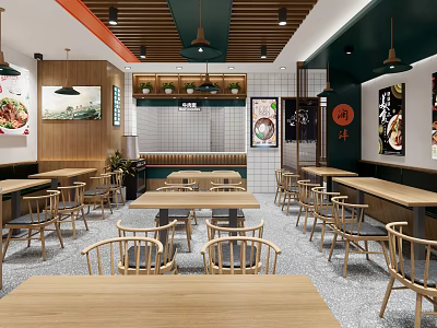 Modern Restaurant Interior Design With Wooden Tables Chairs Green Walls And Ceiling Lights 3d model