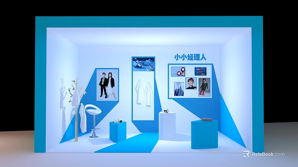 Little Artist Themed Window Display With Blue White Decor Stands And Artworks 3d model 