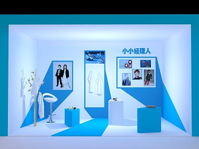 Little Artist Themed Window Display With Blue White Decor Stands And Artworks 3d model