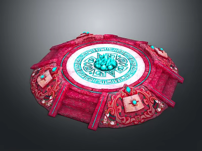 Ornate Red Circular Decorative Platform With Blue Central Emblem Intricate Patterns And Turquoise Accents 3d model