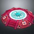 Ornate Red Circular Decorative Platform With Blue Central Emblem Intricate Patterns And Turquoise Accents