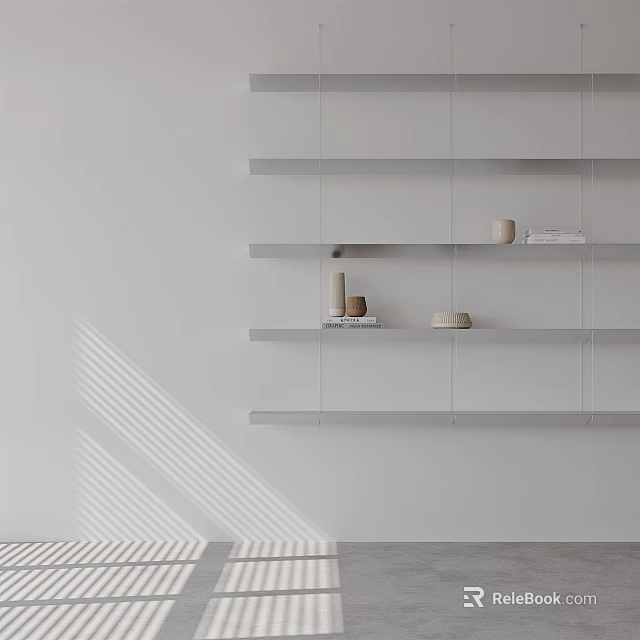 White Wall Featuring Floating Shelves With Minimalist Accessories Small Jars Bowls Striped Shadows 3d model 