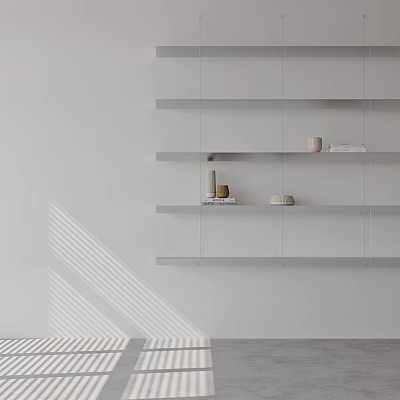 White Wall Featuring Floating Shelves With Minimalist Accessories Small Jars Bowls Striped Shadows 3d model