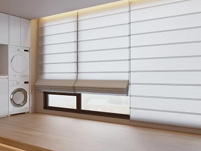 Modern White Blinds in Laundry Room Interior With Wooden Floor And Cabinets 3d model