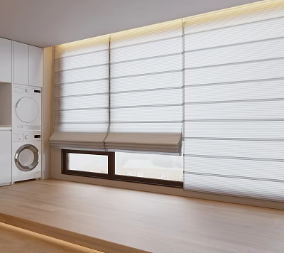 Modern White Blinds in Laundry Room Interior With Wooden Floor And Cabinets 3d model