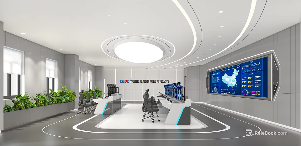 Modern Control Room Interior With Multiple Monitoring Screens Control Consoles And Office Chairs 3d model 