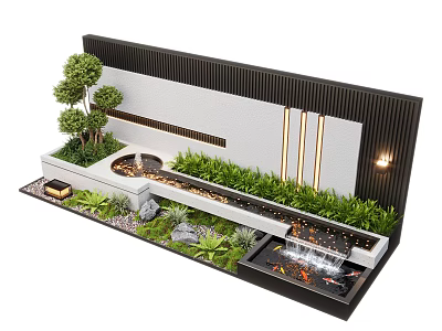 Stunning Water Fountain Design With Flowing Water Lush Green Plants And Decorative Wall 3d model