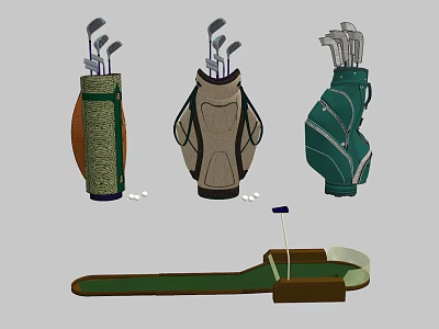 Golf Sports Equipment with Different Designed Golf Bags and Mini Putting Green 3d model