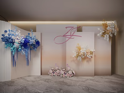 Floral Installation With Blue White Golden Pink Flowers Monogram ZL On Beige Walls Marble Floor 3d model