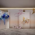 Floral Installation With Blue White Golden Pink Flowers Monogram ZL On Beige Walls Marble Floor