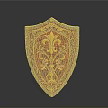 Medieval Shield with Red Surface Intricate Golden Patterns and Silver Metallic Edges