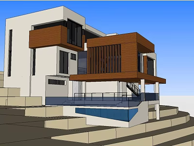 Modern Detached Villa With White Brown Exterior And Swimming Pool Terrace 3d model