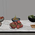 Fresh Assorted Fruits on White Plate and Bowls on Marble Countertop Ready to Serve