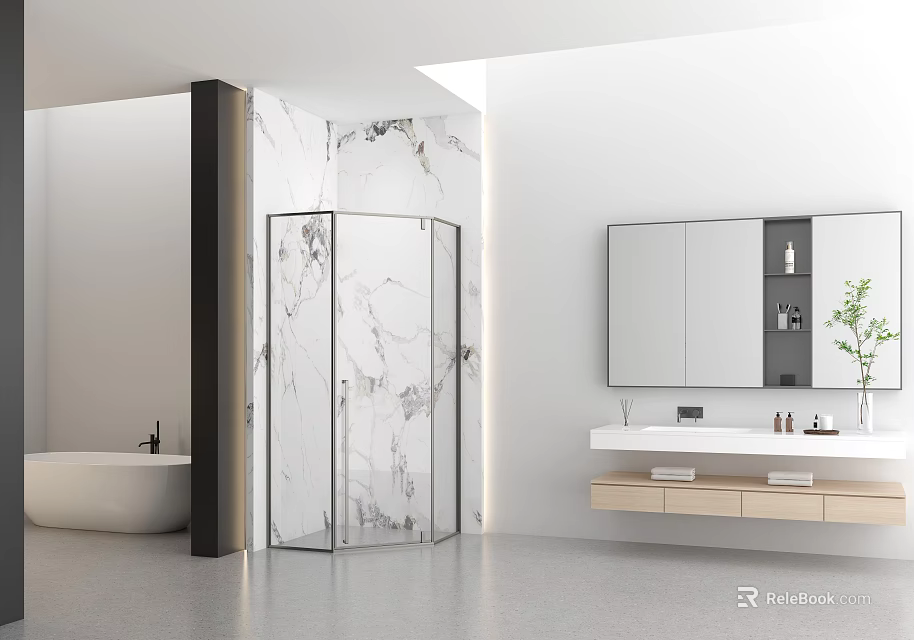 Modern Bathroom Interior Design With Marble Walls Glass Shower Enclosure Bathtub And Double Vanity 3d model 