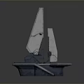 Scenic View Of Abstract Sailboat Structure On Blue Water Surface With Gray Sky