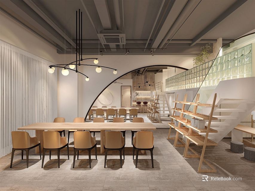 Casual Lounge Interior With Long Table Chairs Pendant Lights Bookshelves And Staircase 3d model 