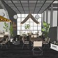Modern Open Café Interior with Pendant Lights Green Plants and Wooden Tables and Chairs