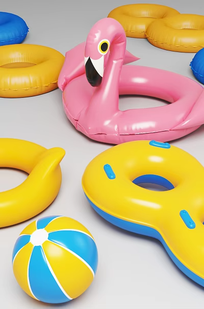 Inflatable Water Play Equipment With Yellow Duck Pink Flamingo Floats Blue Ring And Beach Ball 3d model