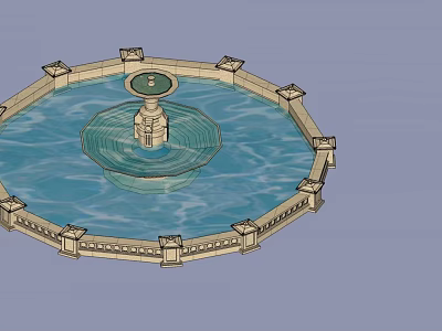 Circular Decorative Fountain With Central Water Spout And Blue Rippled Surface 3d model