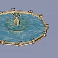 Circular Decorative Fountain With Central Water Spout And Blue Rippled Surface