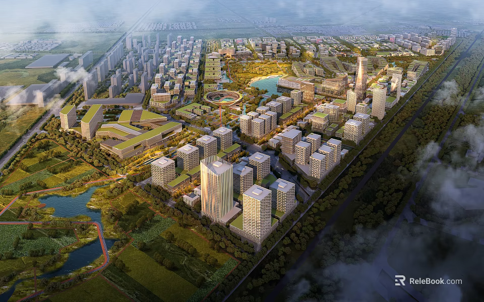 Modern High Rise Office Buildings Surrounded By Greenery Lakes And Urban Parks 3d model 