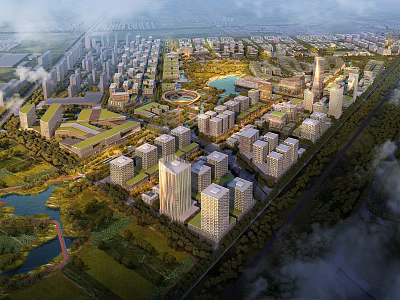 Modern High Rise Office Buildings Surrounded By Greenery Lakes And Urban Parks 3d model