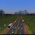 Wide Modern Urban Road Intersection With Lush Surrounding Green Trees And Orderly Running Vehicles