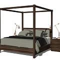 Modern Walnut Four Poster Double Bed With Gray Bedding Black Blanket And Brass Lamps
