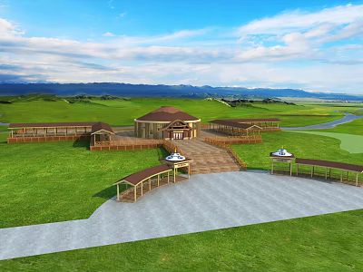 Scenic Road Facilities With Paved Walkways Wooden Pavilions And Green Lawns 3d model
