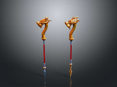 Two Ornate Dragon Head Staff Weapons With Gold Red Metal Decorative Design 3d model