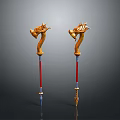 Two Ornate Dragon Head Staff Weapons With Gold Red Metal Decorative Design