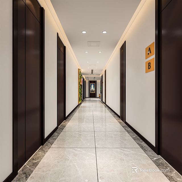 Modern Office Corridor With White Walls Dark Door Frames Marble Floor And Ceiling Lights 3d model 