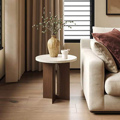 Wooden Legs Side Table With White Tabletop Vase in Modern Living Room Next to Sofa 3d model