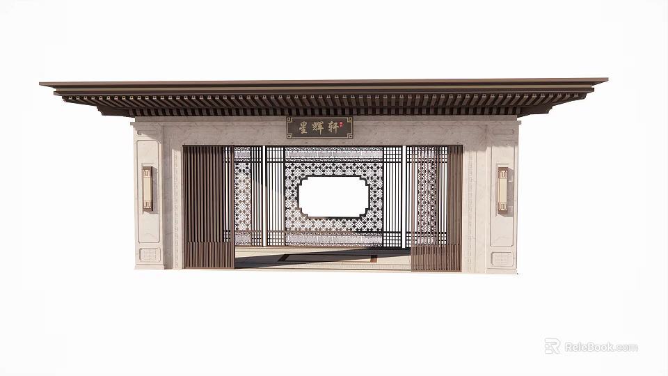 Traditional Chinese Pergola Design With Carved Grille Door Stone Pillars Lanterns And Classic Roof 3d model 