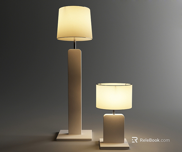 Modern Lamp Set With Tall Floor Lamp And Short Table Lamp White Shade Square Base 3d model 