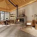 Minimalist Recreation Room With Rattan Ceiling And Wooden Furniture