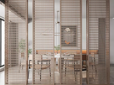 Modern Wooden Lattice Room Divider In Dining Room Interior With Table Chairs And Plants 3d model