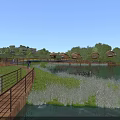 Serene Homestay Buildings By Lake With Wooden Walkway And Green Lawns