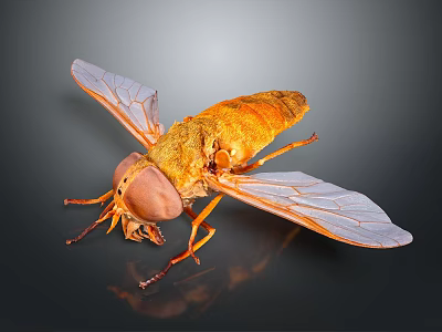 Close Up View Of Orange Fly With Transparent Wings And Large Eyes On Black Surface 3d model