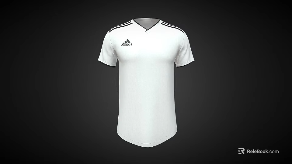 Adidas White V Neck Short Sleeve T shirt Featuring Three Black Shoulder Stripes And Chest Logo 3d model 