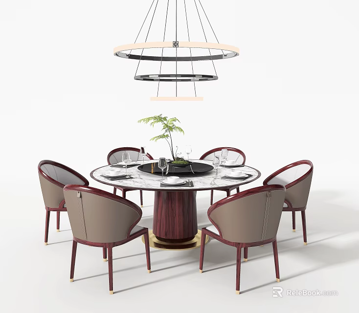 Round Marble Top Dining Table Set With Upholstered Chairs And Pendant Light Decor 3d model
