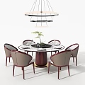Round Marble Top Dining Table Set With Upholstered Chairs And Pendant Light Decor 3d model