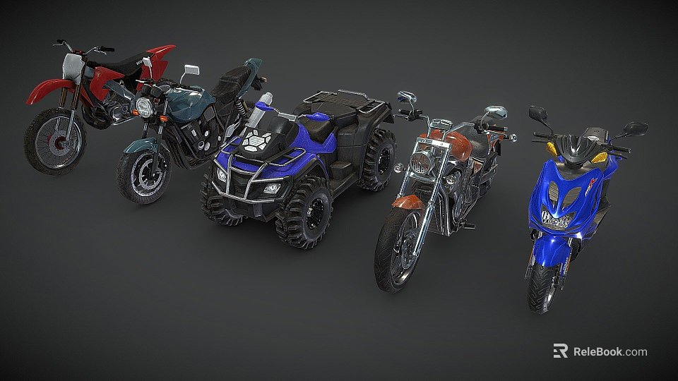 Various Motorcycle Models Including Cruiser ATV And Dirt Bike In Red Blue Black Colors 3d model 