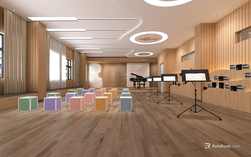 Kindergarten Music Room Interior With Wooden Walls Colorful Stools Piano And Music Stands 3d model 